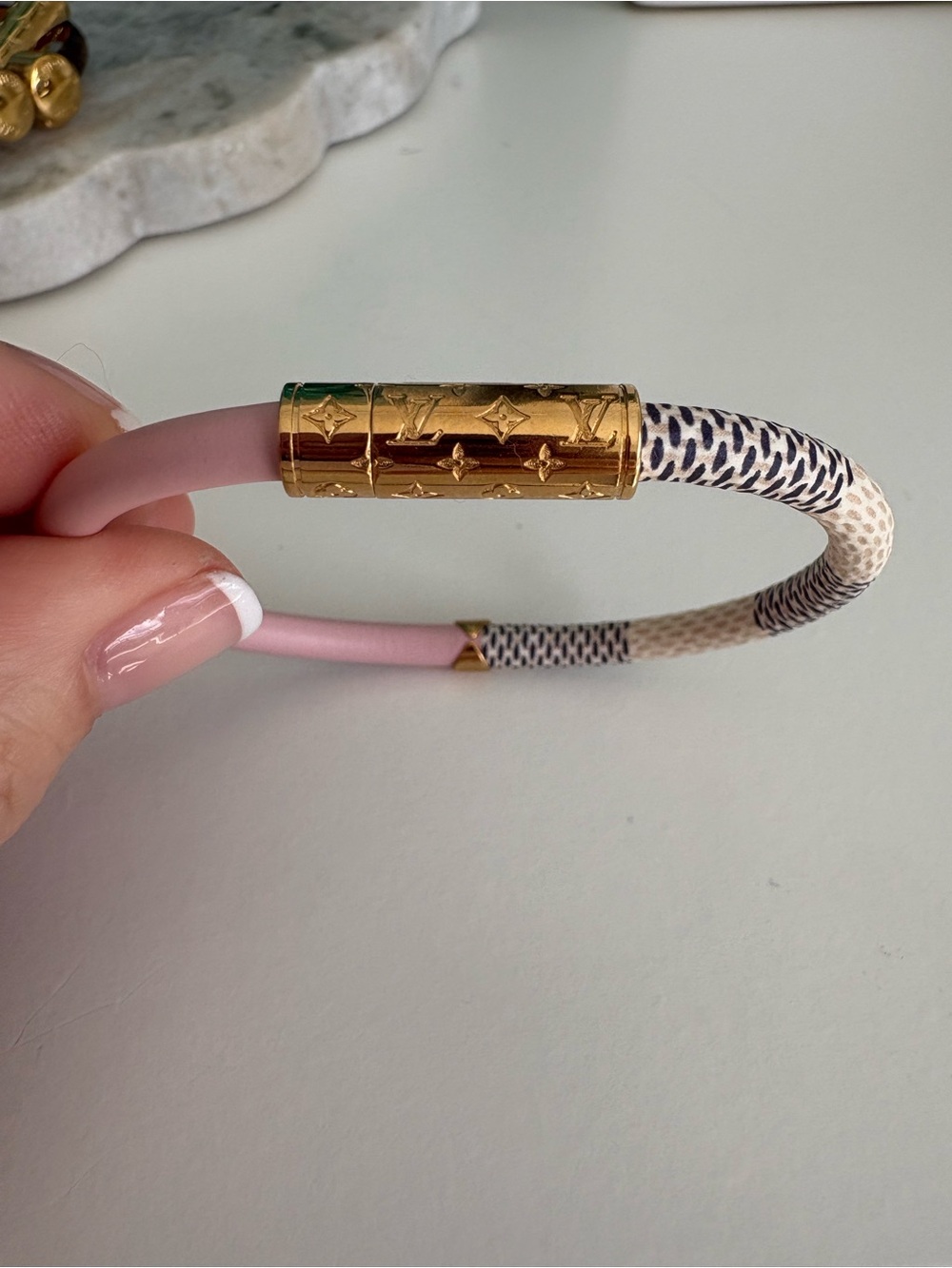 Louis Vuitton Pink, Cream and Black Patterned Bracelet with Gold-Tone Logo Clasp